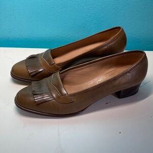 Pappagallo VINTAGE Womens Shoes Sz 8.5 Olive Green Leather Pumps 1.5' Block Heel